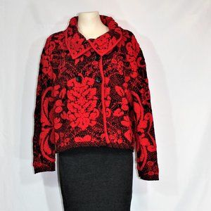 Aldo martins Anthropologie cardigan Red Black Floral Made in Spain Size 10